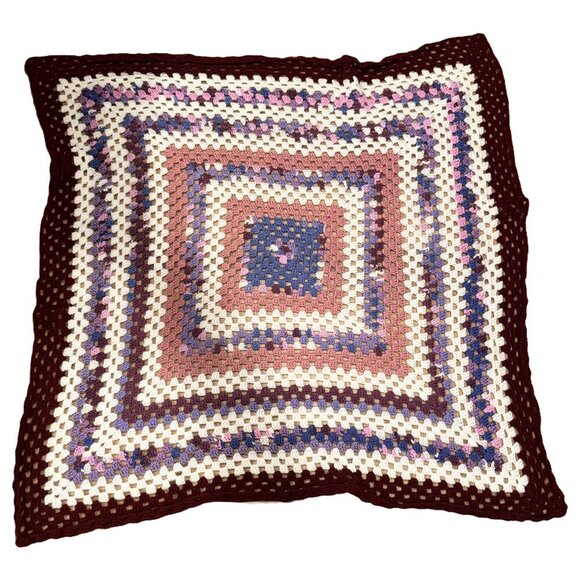 Vintage Burgundy, Pink, Purple Afghan Square Crochet Blanket 51 X 51 - Picture 1 of 3